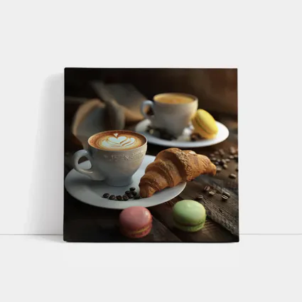Latte Art Croissant Macarons Rustic Wood