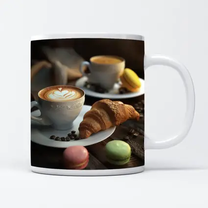 Latte Art Croissant Macarons Rustic Wood