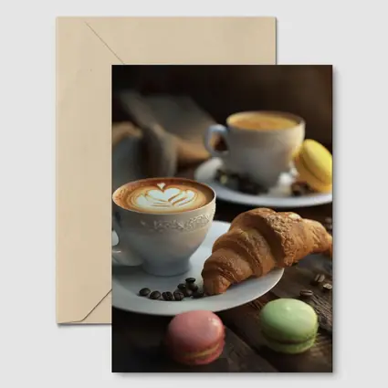 Latte Art Croissant Macarons Rustic Wood