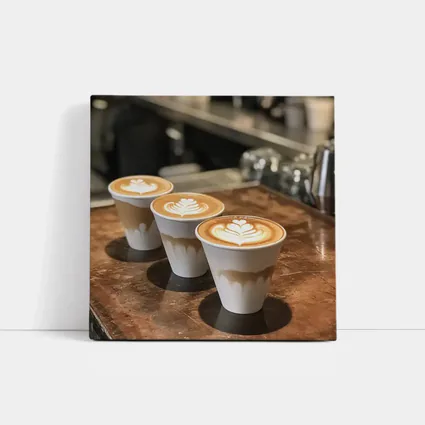 Latte Art Coffee Cups on Wooden Counter
