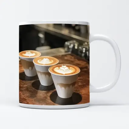 Latte Art Coffee Cups on Wooden Counter