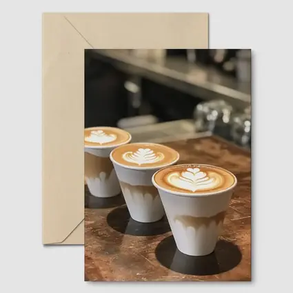 Latte Art Coffee Cups on Wooden Counter