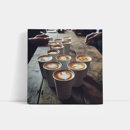 Latte Art Coffee Cups on Wooden Table