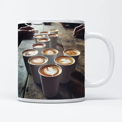 Latte Art Coffee Cups on Wooden Table