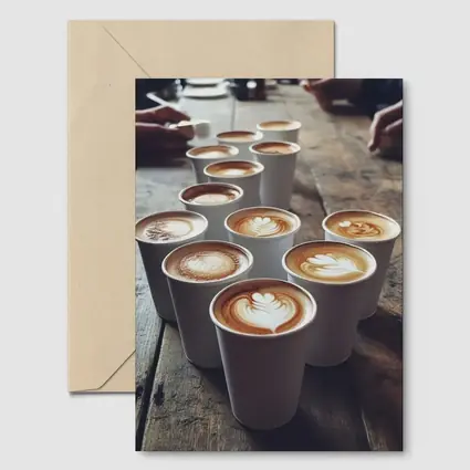 Latte Art Coffee Cups on Wooden Table