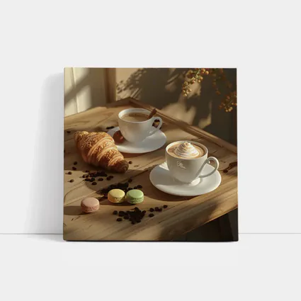 Coffee Croissant Macarons Wooden Table Morning