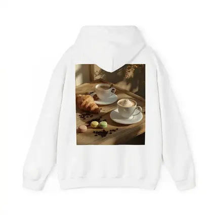 Coffee Croissant Macarons Wooden Table Morning