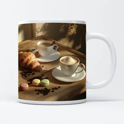 Coffee Croissant Macarons Wooden Table Morning