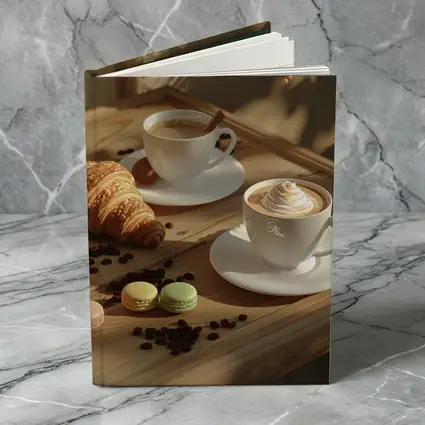 Coffee Croissant Macarons Wooden Table Morning