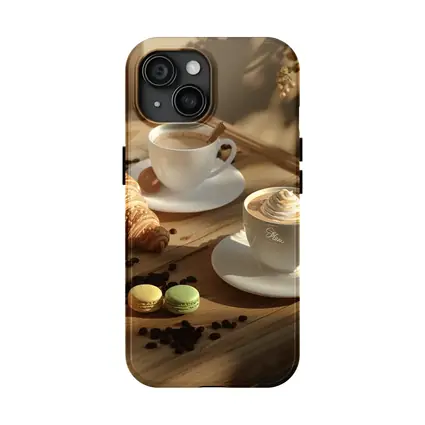 Coffee Croissant Macarons Wooden Table Morning