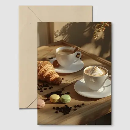 Coffee Croissant Macarons Wooden Table Morning