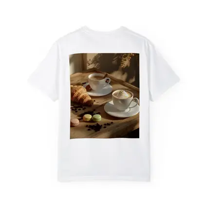 Coffee Croissant Macarons Wooden Table Morning