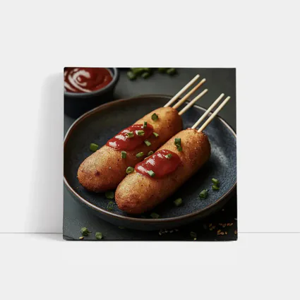 Corn Dogs With Ketchup On Dark Plate
