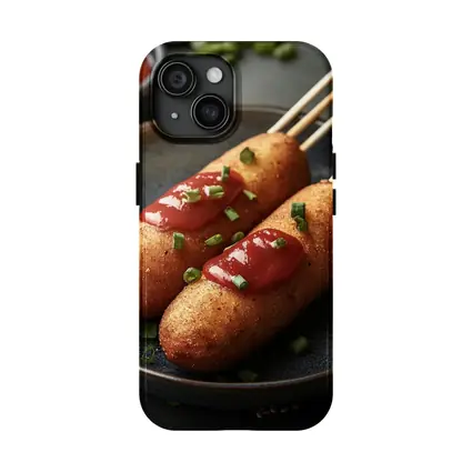 Corn Dogs With Ketchup On Dark Plate