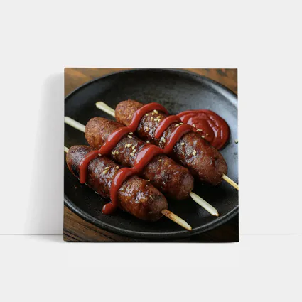 Grilled Sausage Skewers Ketchup Dark Plate