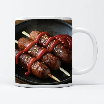 Grilled Sausage Skewers Ketchup Dark Plate
