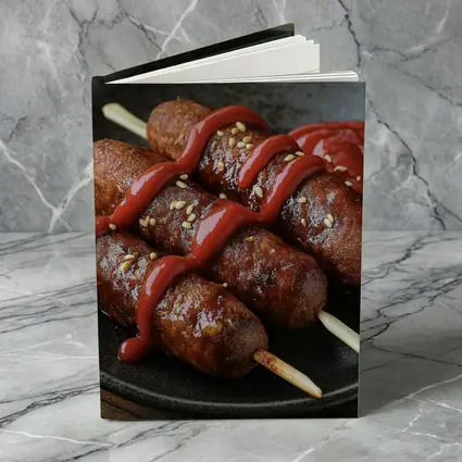 Grilled Sausage Skewers Ketchup Dark Plate