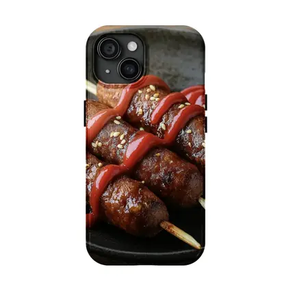 Grilled Sausage Skewers Ketchup Dark Plate