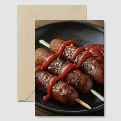 Grilled Sausage Skewers Ketchup Dark Plate