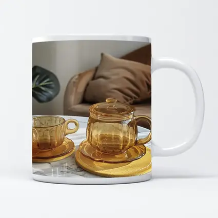 Amber Glass Tea Set Marble Table