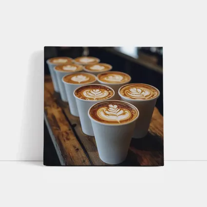 Latte Art Coffee Cups on Wooden Bar