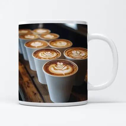 Latte Art Coffee Cups on Wooden Bar