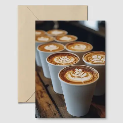 Latte Art Coffee Cups on Wooden Bar