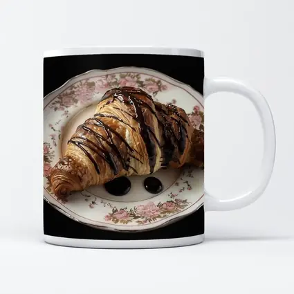Chocolate Drizzled Croissant On Floral Plate
