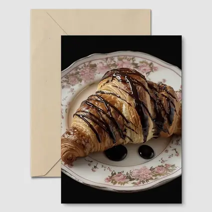 Chocolate Drizzled Croissant On Floral Plate