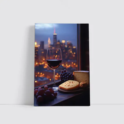 Red Wine Cheese Grapes City Night View