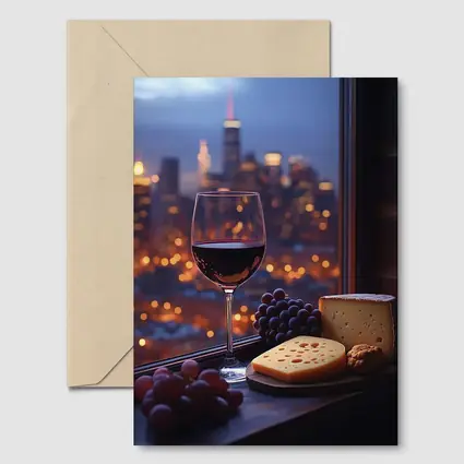Red Wine Cheese Grapes City Night View