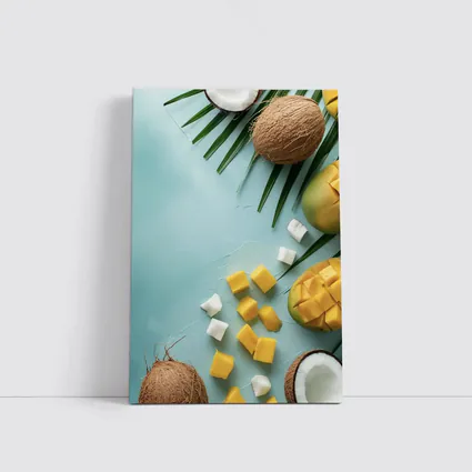 Tropical Mango Coconut Fruit Light Blue Background