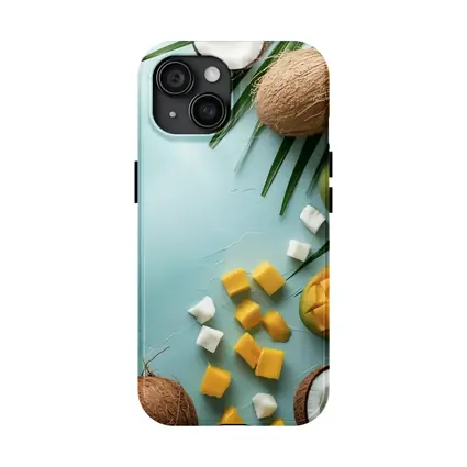Tropical Mango Coconut Fruit Light Blue Background