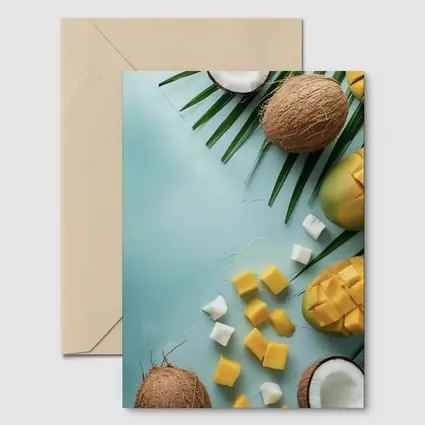 Tropical Mango Coconut Fruit Light Blue Background
