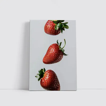 Three Fresh Strawberries Falling Gray Background