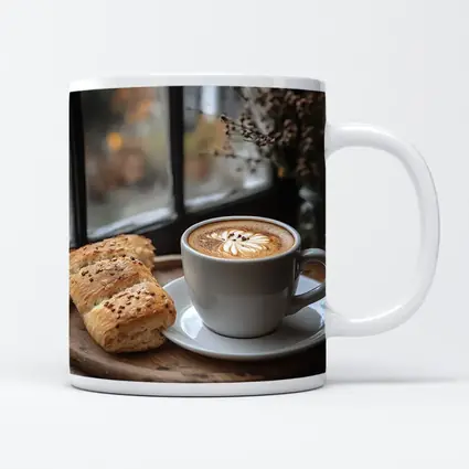 Latte Art Coffee Cup Bread Window Morning