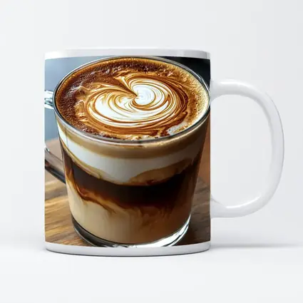 Latte Art Coffee Glass Mug Wooden Table
