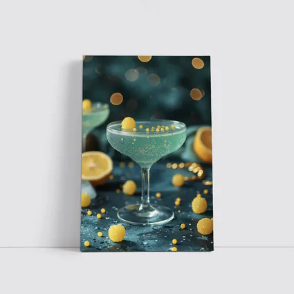 Teal Cocktail Glass Yellow Bokeh Background