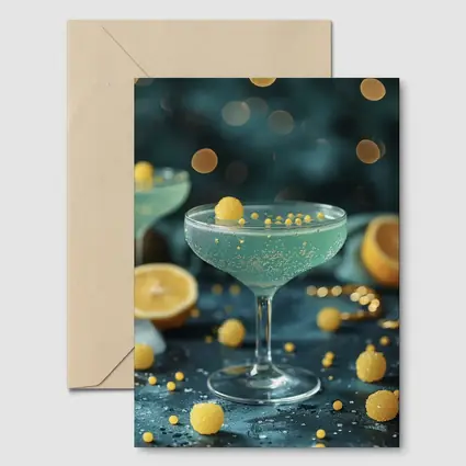 Teal Cocktail Glass Yellow Bokeh Background