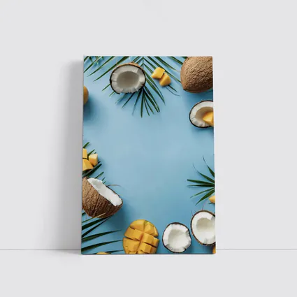 Coconuts and Mango on Blue Background
