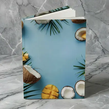 Coconuts and Mango on Blue Background