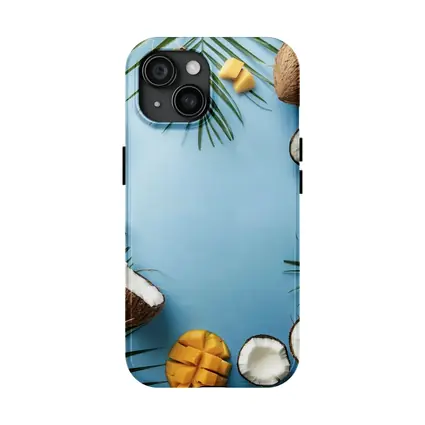 Coconuts and Mango on Blue Background