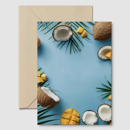 Coconuts and Mango on Blue Background