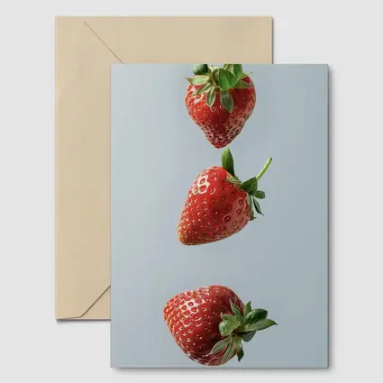 Three Red Strawberries Falling Gray Background