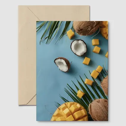 Coconut Mango Tropical Fruits Blue Background