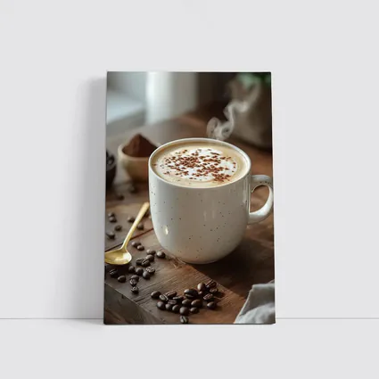 Steaming Cappuccino Mug Coffee Beans Wooden Table