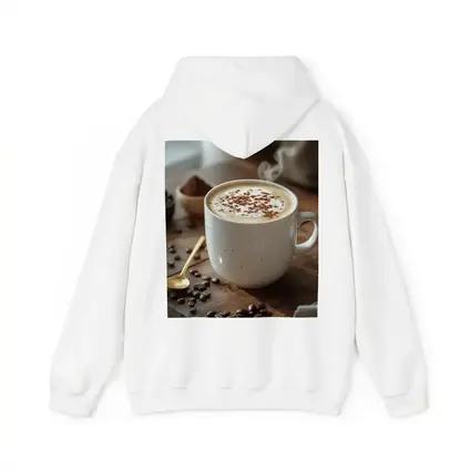 Steaming Cappuccino Mug Coffee Beans Wooden Table