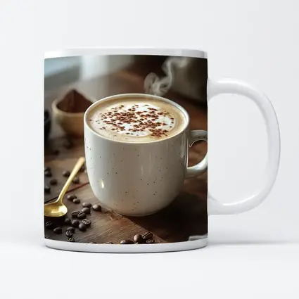 Steaming Cappuccino Mug Coffee Beans Wooden Table
