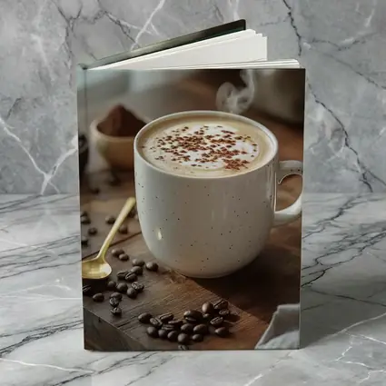 Steaming Cappuccino Mug Coffee Beans Wooden Table