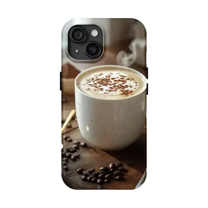 Steaming Cappuccino Mug Coffee Beans Wooden Table